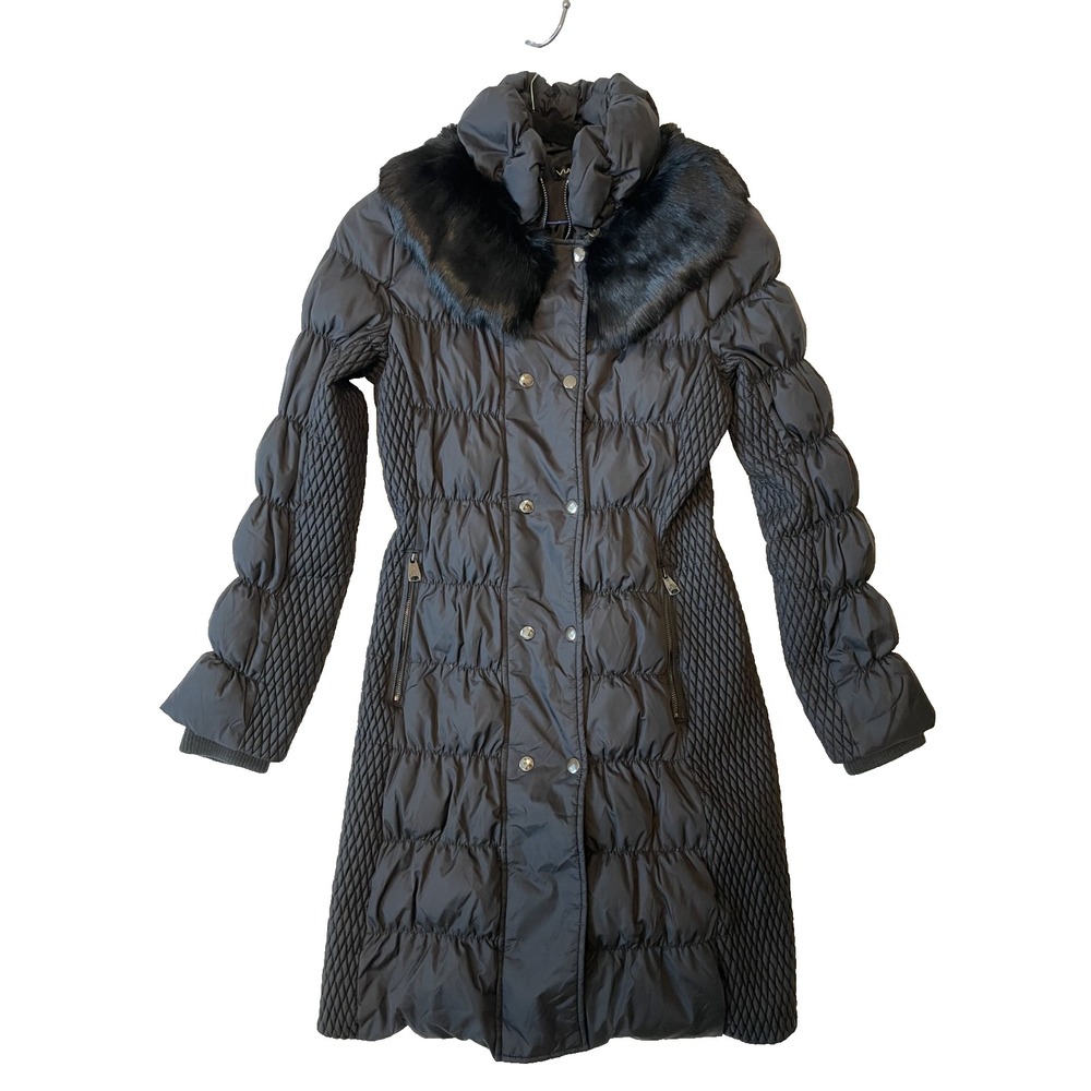 Via Spiga Womens Rabbit Fur Collar Down Insulated Buttoned Long Black Jacket, S